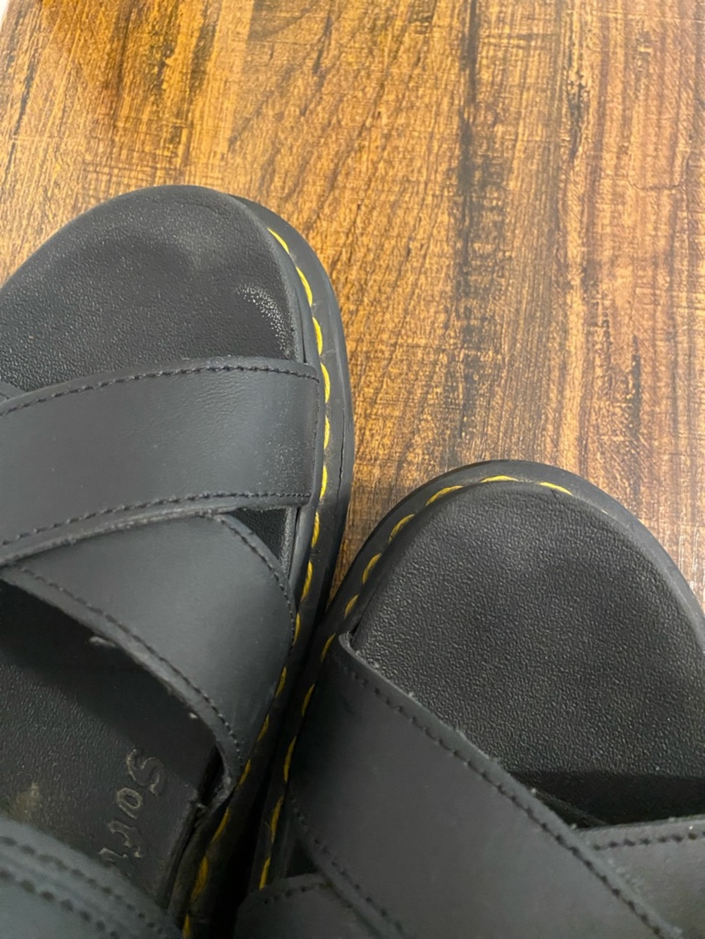 Dr. Martens Black Leather Platform Sandals with Yellow Stitching - Picture 2 of 5